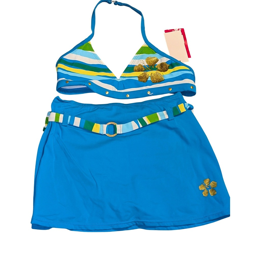 Candies Girls‎ 3Pc Bikini Set Turquoise Green Striped Skirt Hibiscus Size 10 NWT